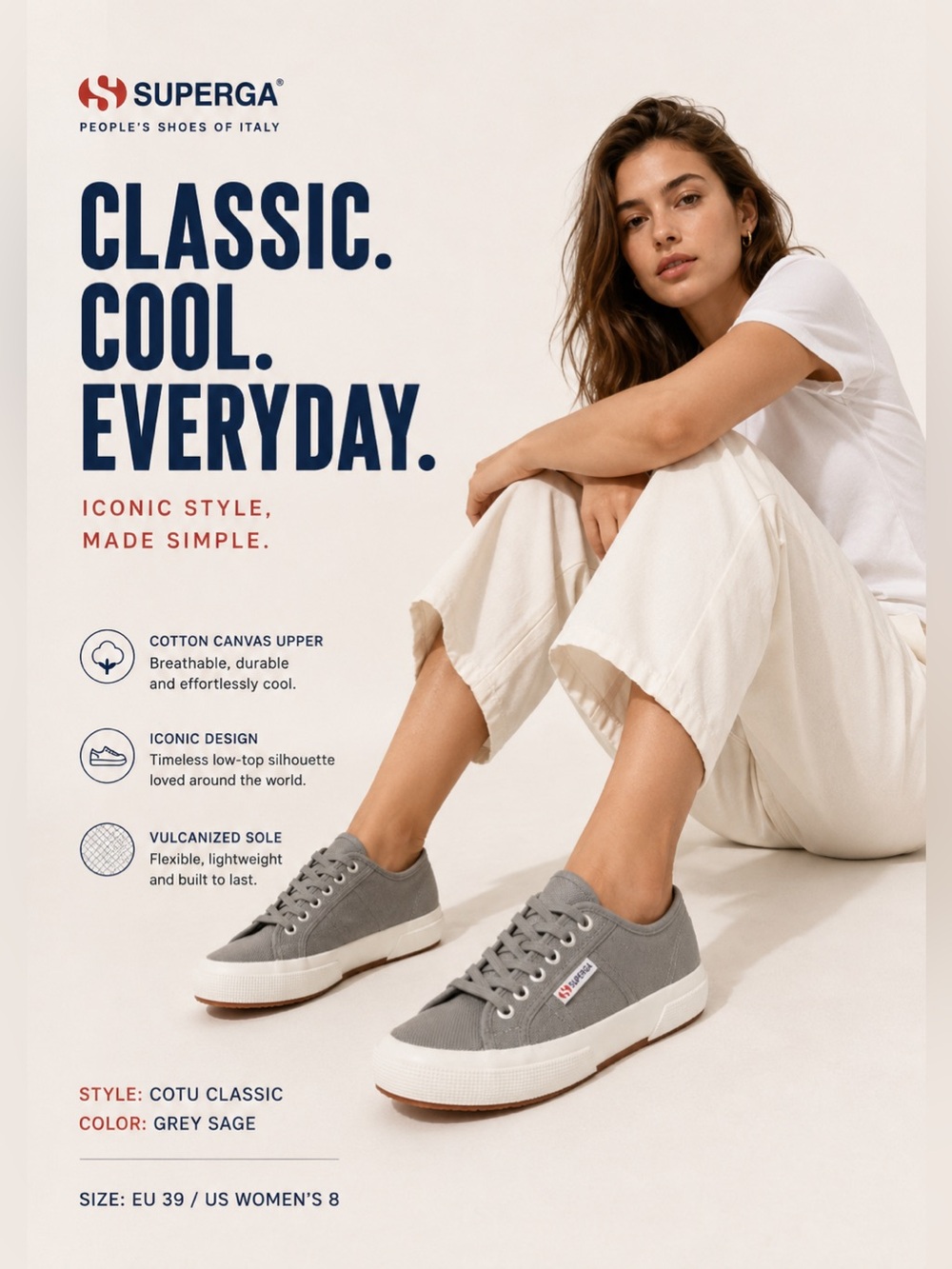 Superga Sneakers Grey Sage color lace up Cotu classic size EU 39 or 8